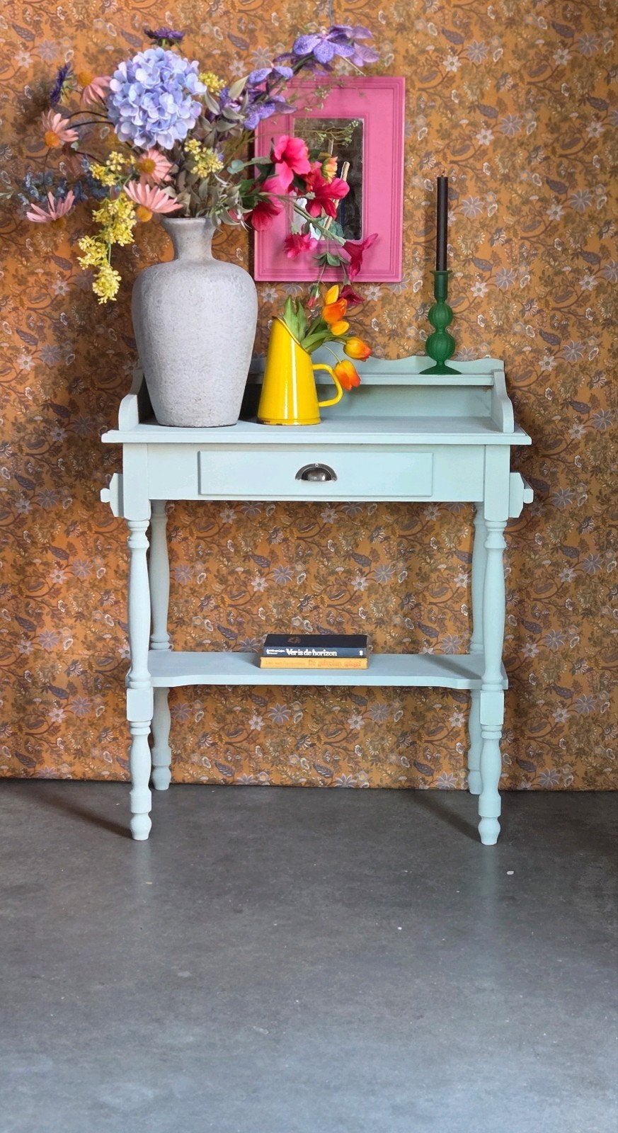 leuk brocante shabby sidetable haltafel burootje kaptafel, Ophalen, Gebruikt, 100 tot 150 cm, 25 tot 50 cm