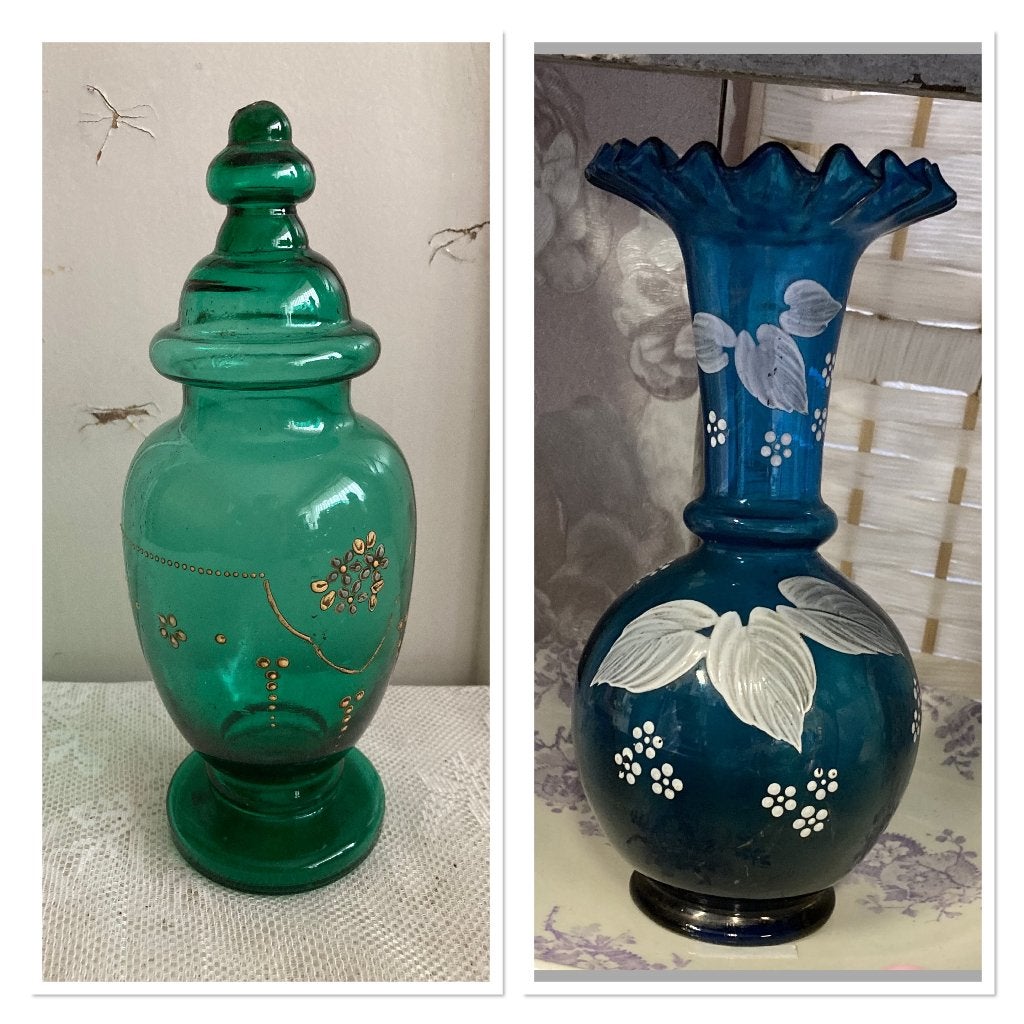 Brocante blauw glazen vaasje & groen sierobject, Huis en Inrichting, Ophalen, Meerkleurig, ---, ---