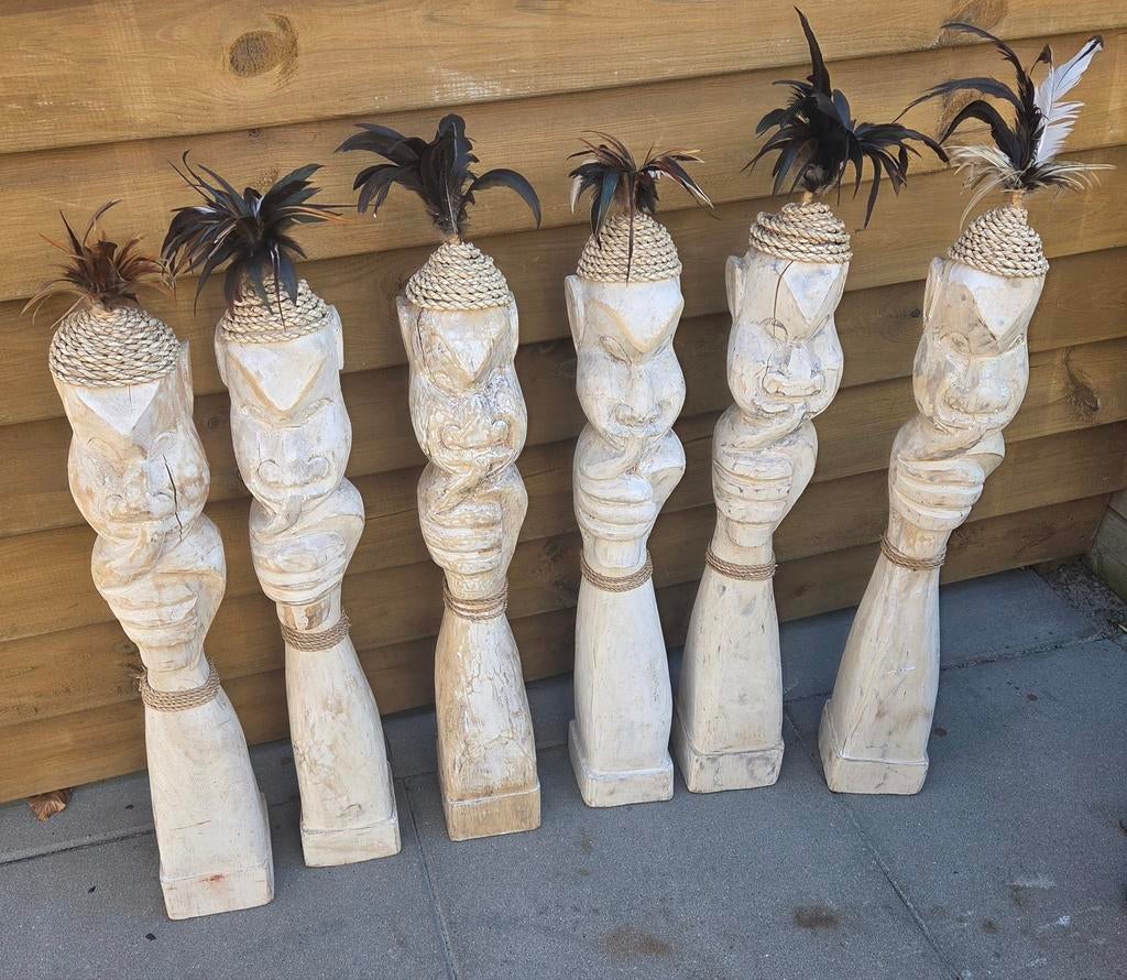 6x Papua standbeeld L - 80 cm -, Antiek en Kunst, Kunst | Beelden en Houtsnijwerken, Handgemaakt, Beeld, Hout, Beige