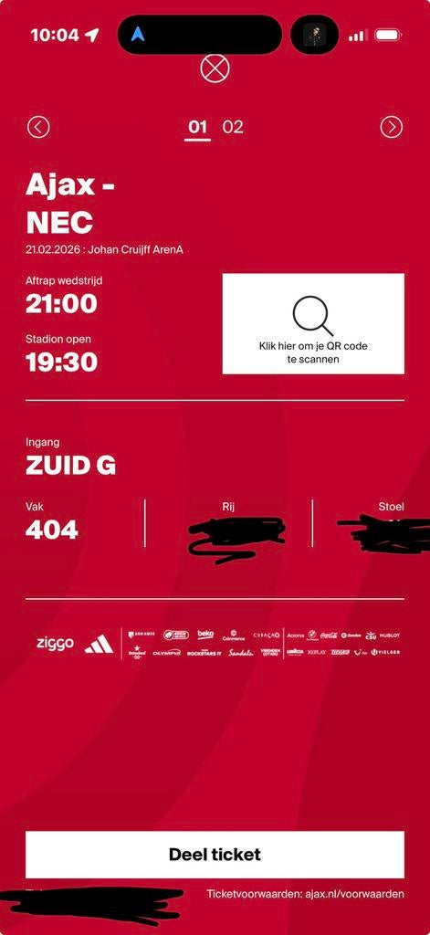 2 kaartjes Ajax-NEC naast elkaar!!, Tickets en Kaartjes, Twee personen, Maart