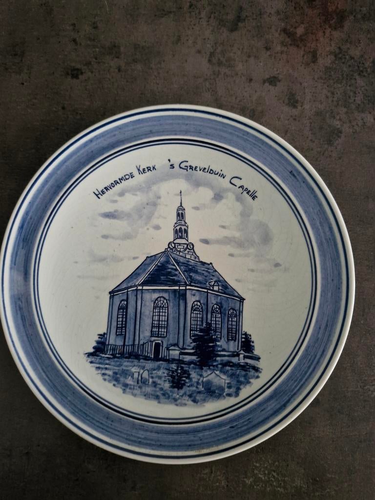 Delfts blauw bord met hervormde kerk Grevelingen, Ophalen of Verzenden
