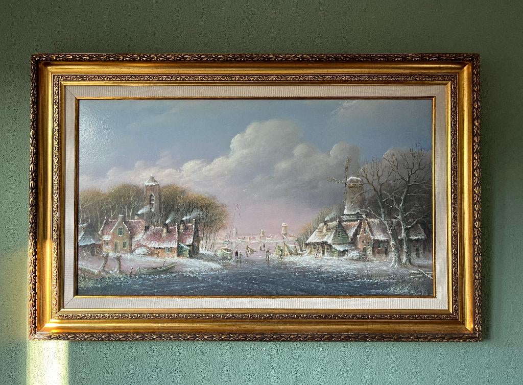 Mooi schilderij winterlandschap op paneel. Thomas Heesakkers