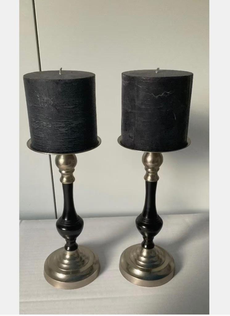 Kandelaars art deco stijl chroom zwarte voet metaal, Huis en Inrichting, Woonaccessoires | Kandelaars en Kaarsen, Zwart, Ophalen of Verzenden