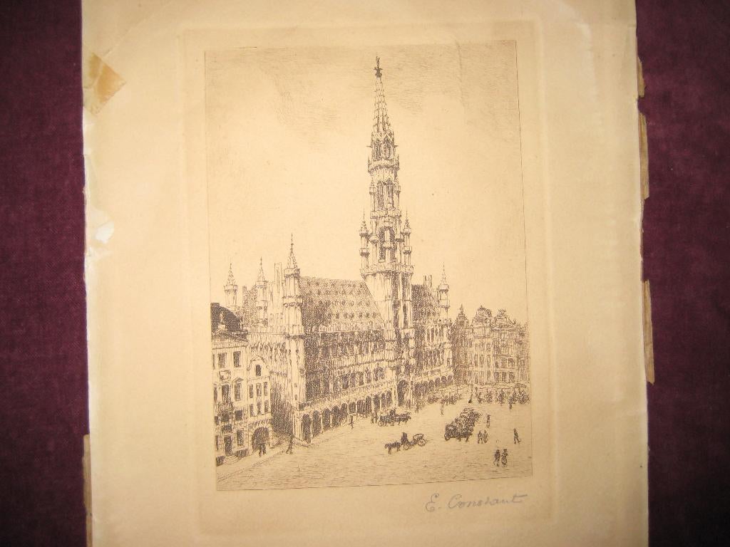 De Grote Markt van Brussel, heel oud blaad, 35x40 cm, Antiek en Kunst, Ophalen of Verzenden