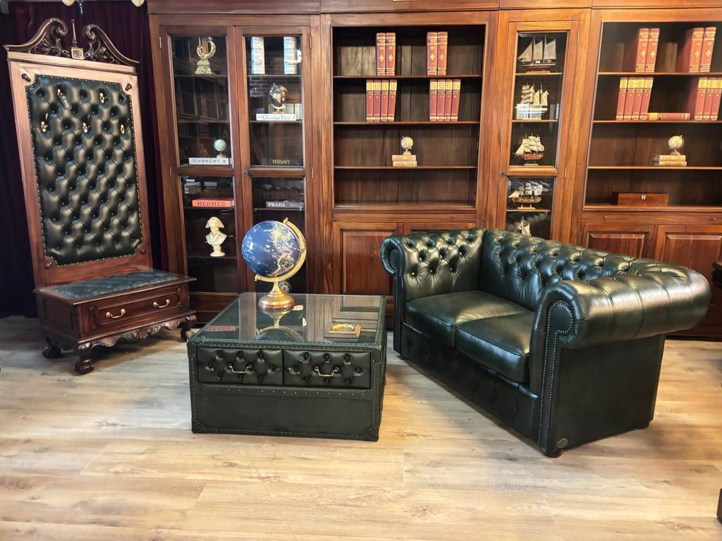 Chesterfield salontafel groen leer, Huis en Inrichting, Banken | Bankstellen, Ophalen, Info@chesterfieldjunkie.nl, Zo goed als nieuw