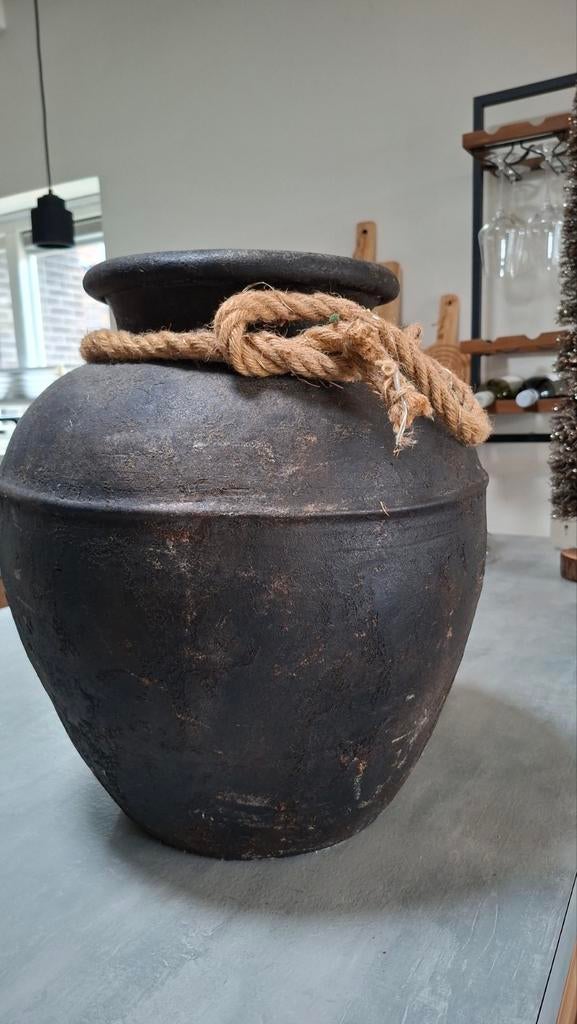 Stoere zwarte/bruine kruik met touw, Ophalen, Gebruikt, Zwart, Aardewerk of Porselein