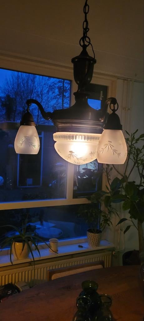 Antieke Hanglamp met Glazen Kappen, Antiek en Kunst, Ophalen of Verzenden