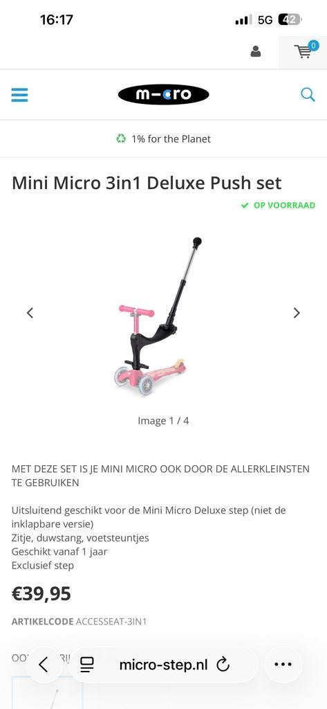 Micro Step Zitje & Duwstang - Exclusief Step, Ophalen of Verzenden, Gebruikt, Duwvoertuig
