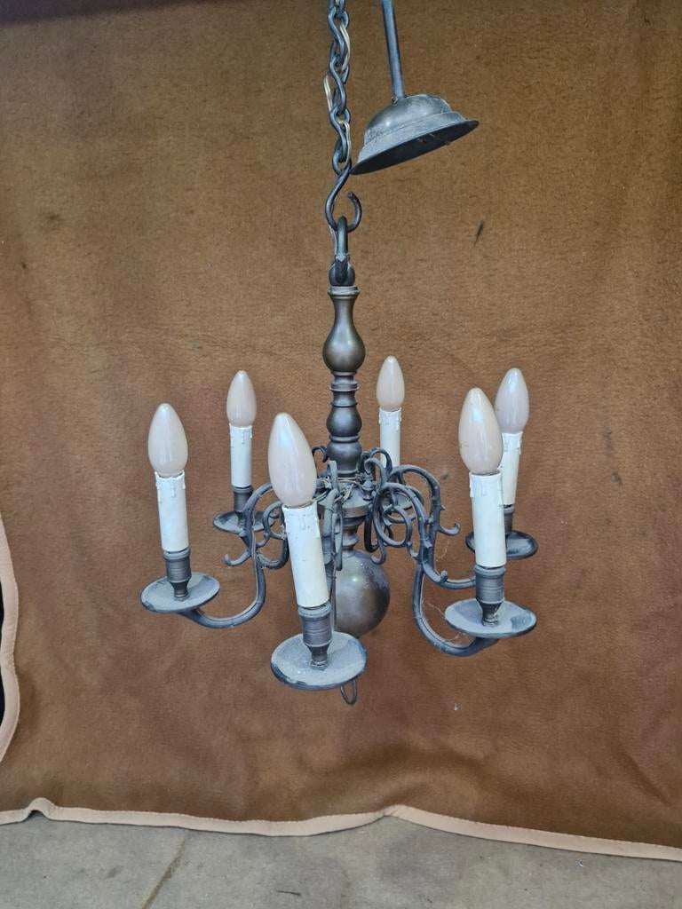 zware bronzen kroonluchter 6 lampen, Ophalen of Verzenden