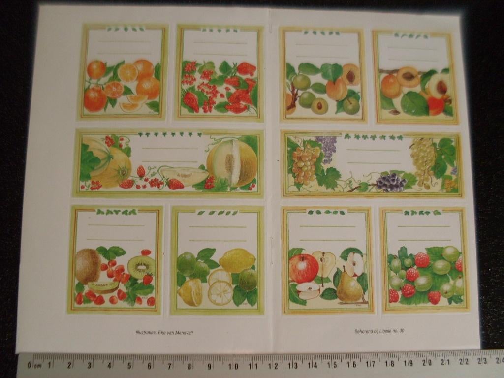 10x sticker etiket groente fruit jam libelle Eke Mansvelt, Ophalen of Verzenden, Zo goed als nieuw, Overige typen