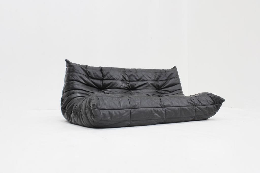 Vintage Togo Ligne Roset 3-zits sofa  zwart leer 1990s, Vintage, design, 150 tot 200 cm, Driepersoons, Ophalen of Verzenden