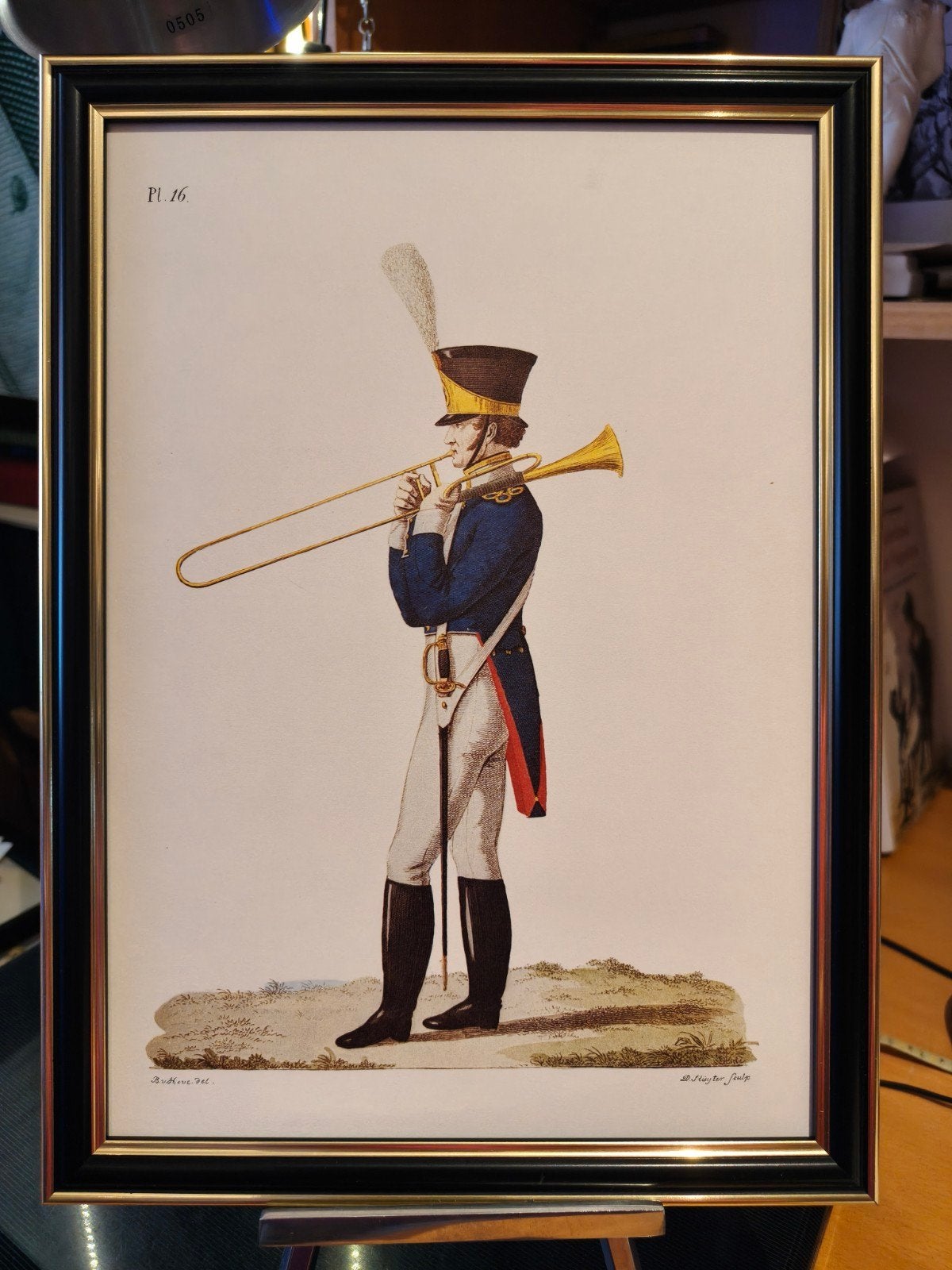 Antieke prent: Militair met trombone, ingelijst, Antiek en Kunst, Ingelijst, 1800 - 1899, Overige technieken, Militair