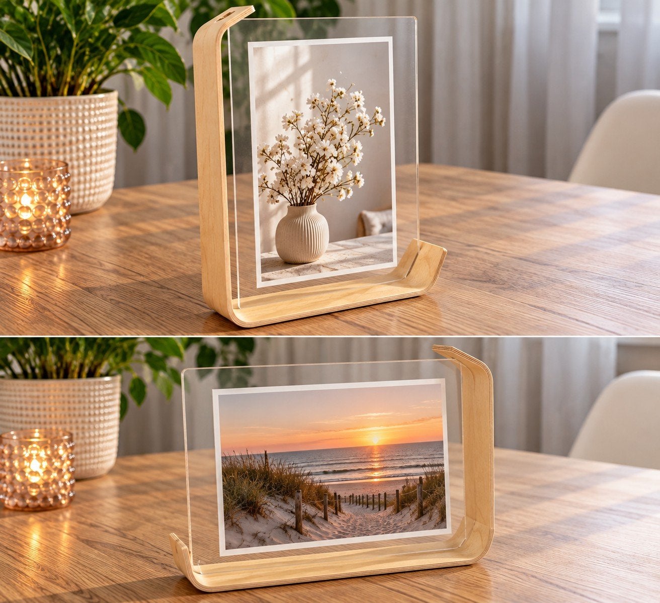 Moderne fotolijst met gebogen houten standaard, Huis en Inrichting, Ophalen of Verzenden, Zo goed als nieuw, Fotolijst