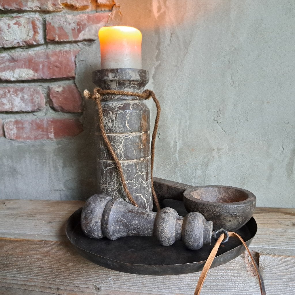 Landelijke kandelaar met touw hoogte 25cm ø 9cm sober Etage3, Huis en Inrichting, Woonaccessoires | Overige, ., Ophalen of Verzenden