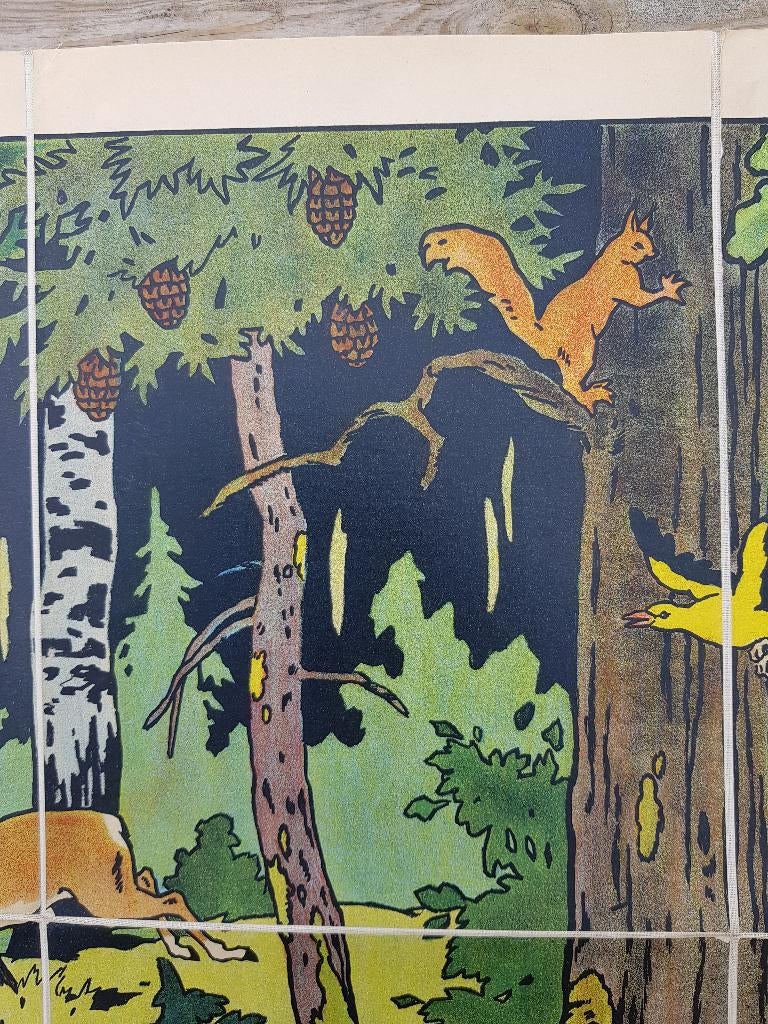 In het bos oude schoolplaat uit Frankrijk litho op canvas., Ophalen of Verzenden