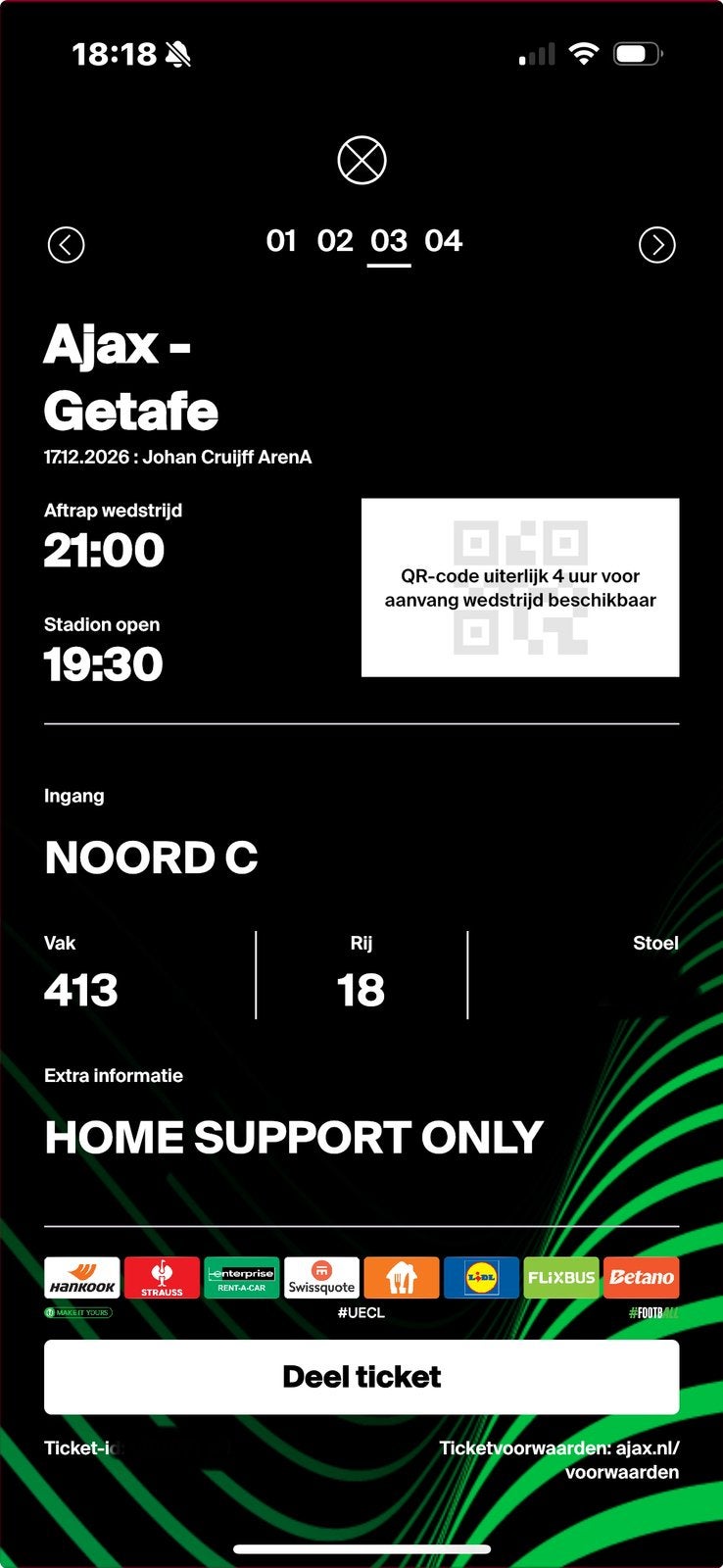 Ajax - Getafe 2 kaarten vak 413 rij 18, Twee personen
