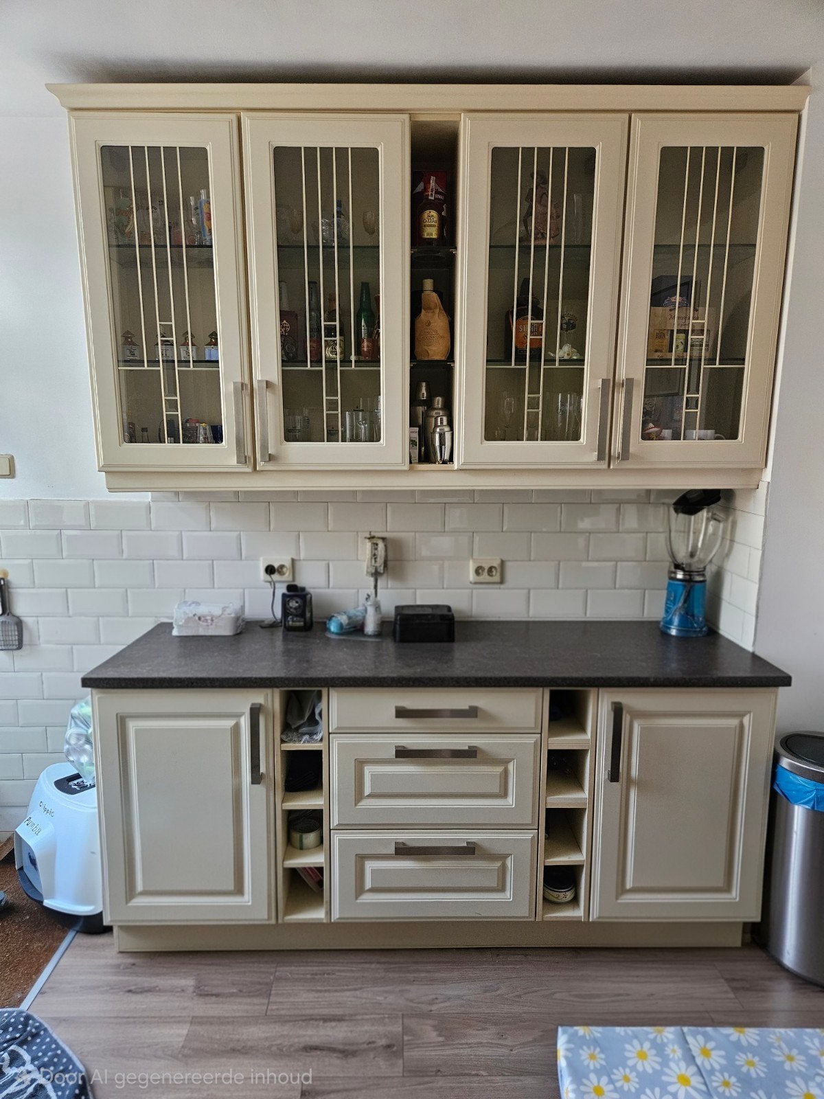 Crèmekleurige keuken met bovenkasten en natuursteen blad, Ophalen, Gebruikt, Graniet of Steen, Enkelwandige keuken
