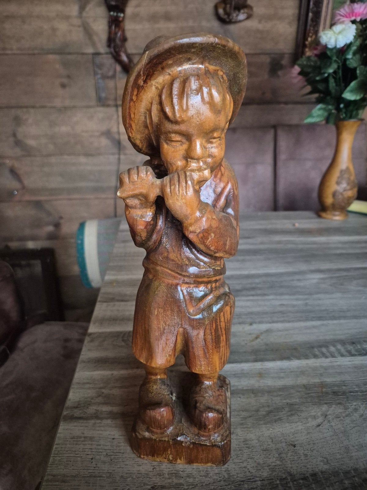 Houten beeldje van jongen met fluit - Handgesneden, Ophalen of Verzenden