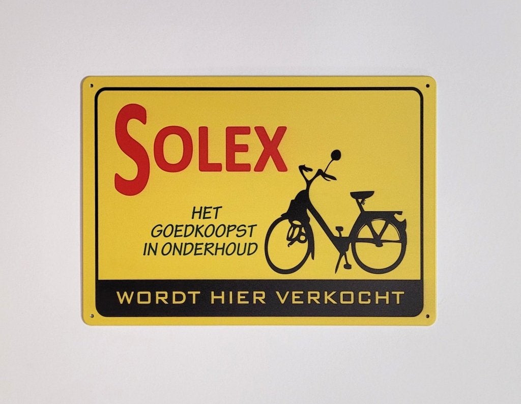 Solex wordt hier verkocht reclamebord van metaal wandbord, Info@deconoord.nl, Deco Noord, Nieuw, Ophalen of Verzenden