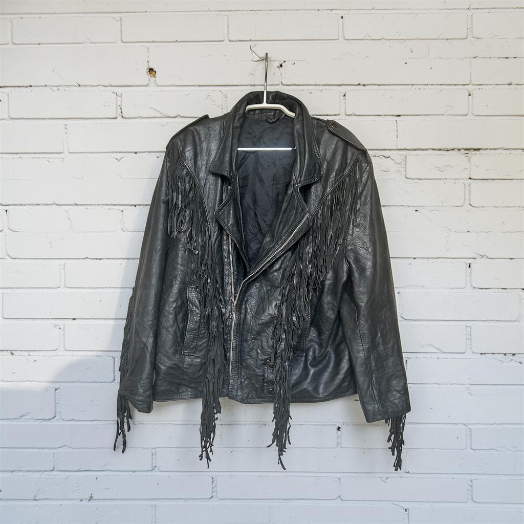 Vintage Jas Maat XL Zwart Leer Cowboy Western Moto Style, Zwart, Maat 46/48 (XL) of groter, Ophalen of Verzenden, V