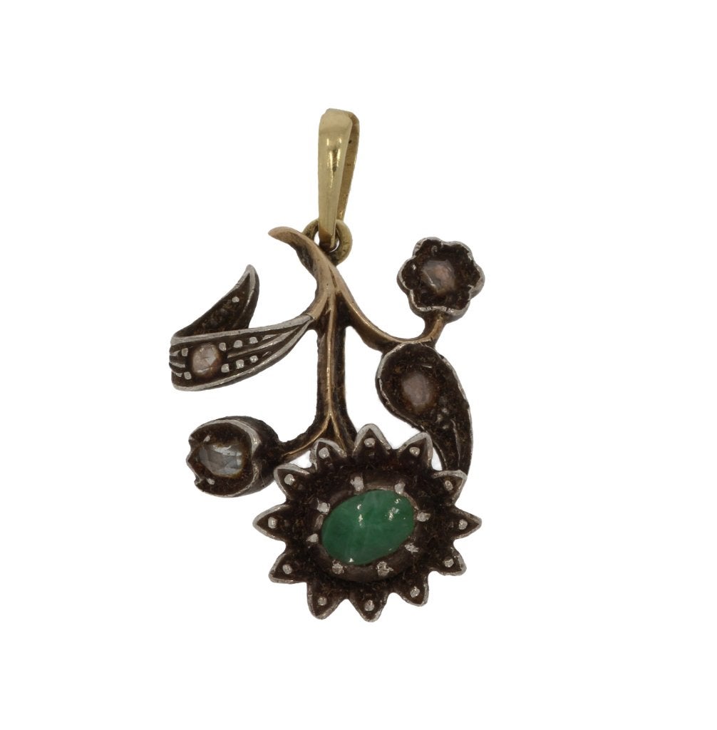 Smaragd diamanten antieke 14k gouden hanger zilver dame, Verzenden, Goud, Hanger, Met edelsteen