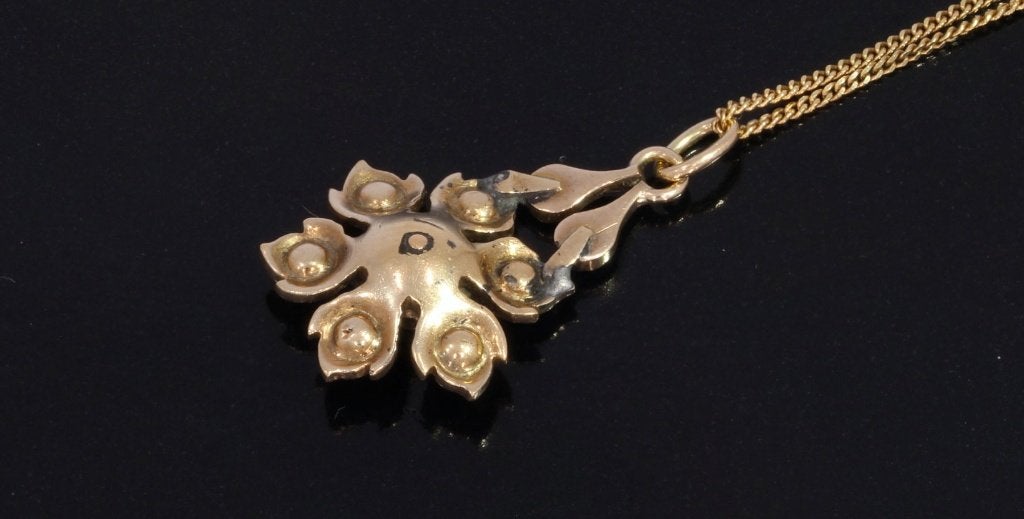 Diamanten bloem 14k gouden fraai antieke ketting hanger dame, Ophalen of Verzenden, Goud, Hanger, Met edelsteen