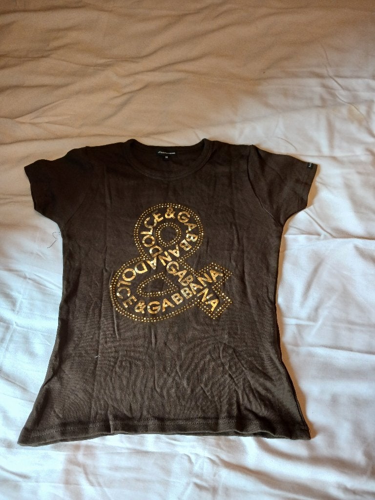 bruin T-shirt met mooie strass print Dolce E Gabbana mt M, Maat 38/40 (M), Dolce & Gabbana, Bruin, Ophalen of Verzenden