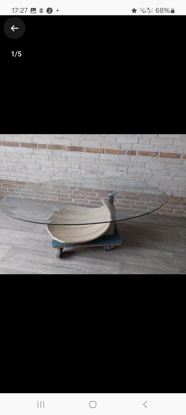 Glazen salontafel met unieke schelpvoet 130x70, Huis en Inrichting, Ophalen, 50 – 75, Gebruikt, 100 tot 150 cm