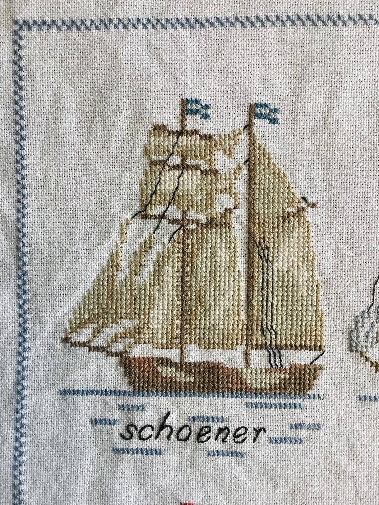 Borduurwerk, zijde, zeilschip, tall ships, vintage, Ophalen, Gebruikt, Handborduren, Overige typen