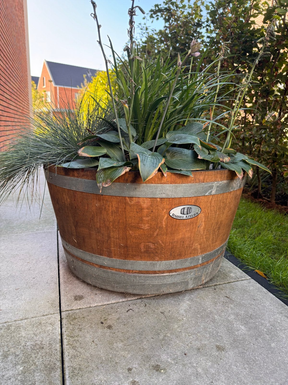 Grote houten plantenbak / bloembak van wijnvat eiken, Ophalen, Gebruikt, Balkon, Rond