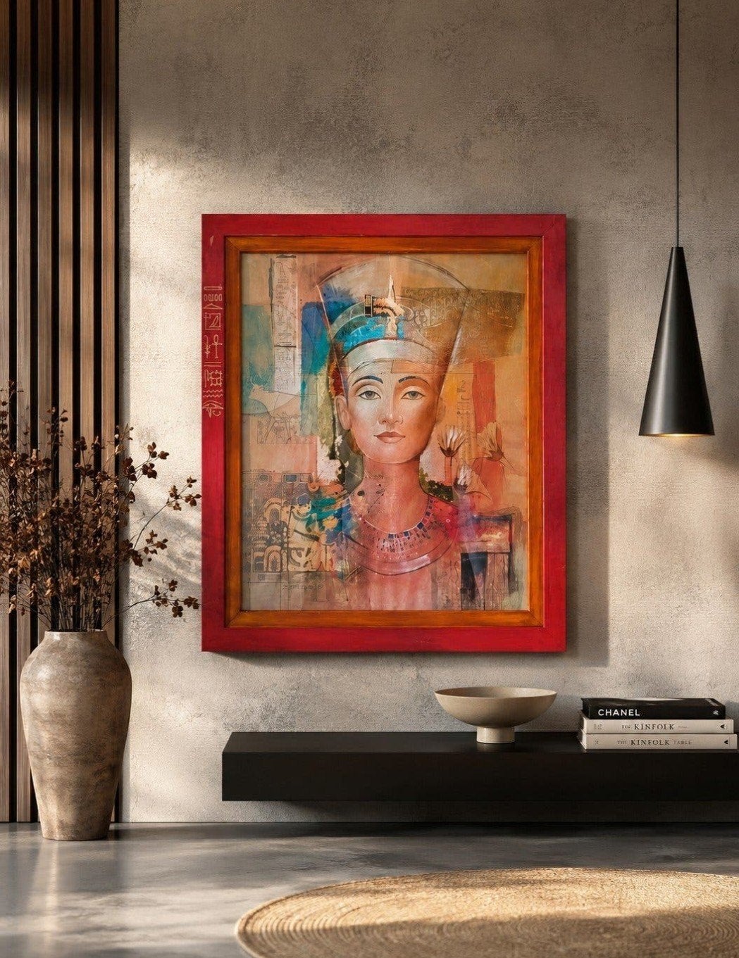 Schilderij Nefertiti met unieke lijst - 63x75 cm, Antiek en Kunst, Doek, Portret of Personen, Ophalen of Verzenden, Gemengde techniek