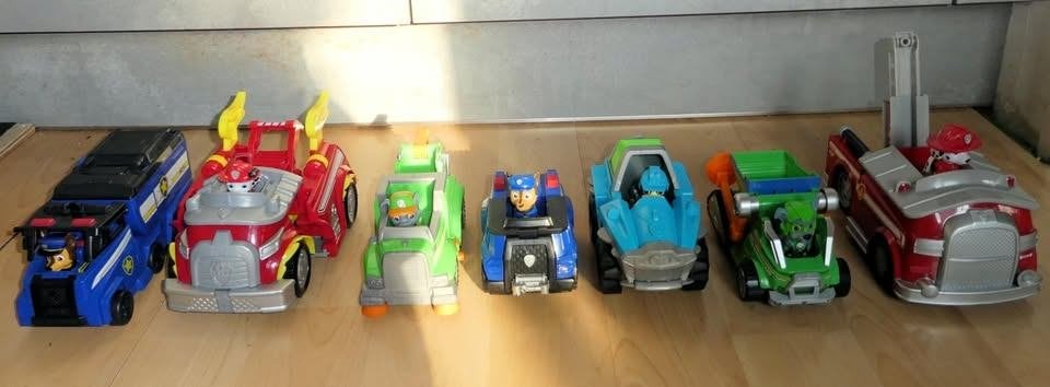 Paw Patrol Politie auto, Brandweerauto, vuilniswagen 7 stuks, Ophalen of Verzenden, Zo goed als nieuw