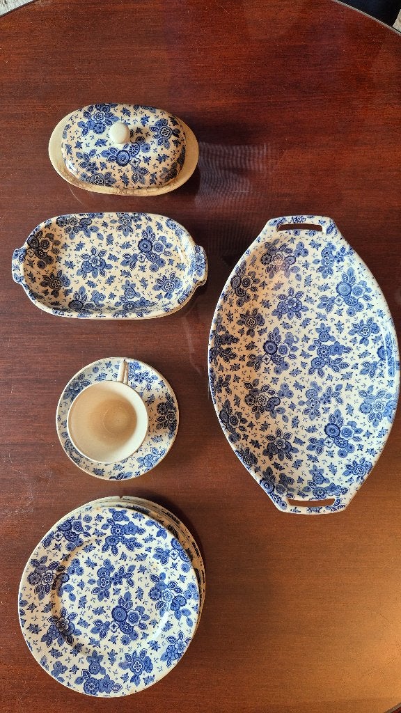 Vintage Delfts Blauw Servies Set - Bloemenpatroon, Antiek en Kunst, Ophalen of Verzenden