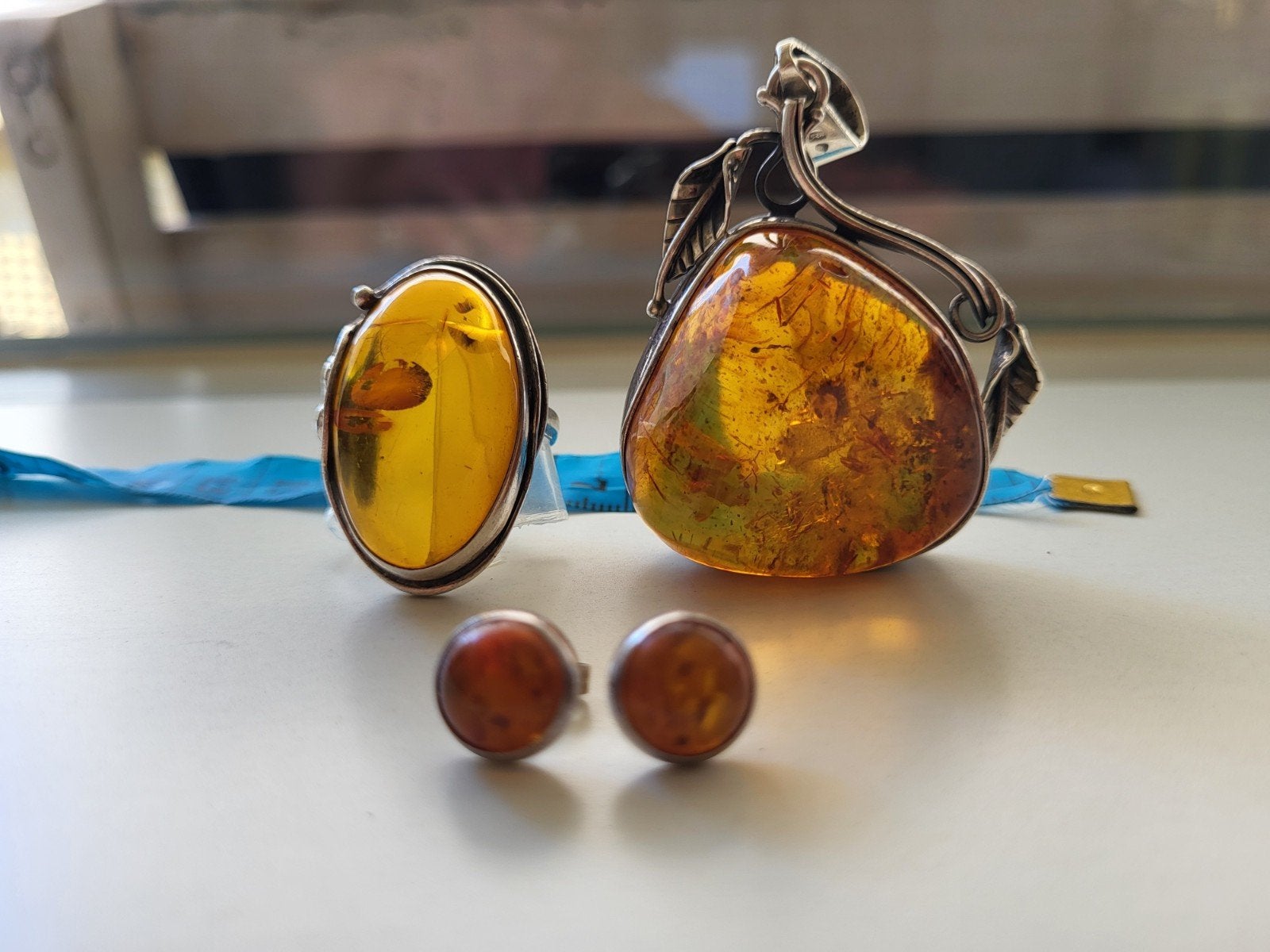 Sterling zilveren sieradenset met Barnsteen, Sieraden, Tassen en Uiterlijk, Oorbellen, Geel, Ophalen of Verzenden, Zo goed als nieuw