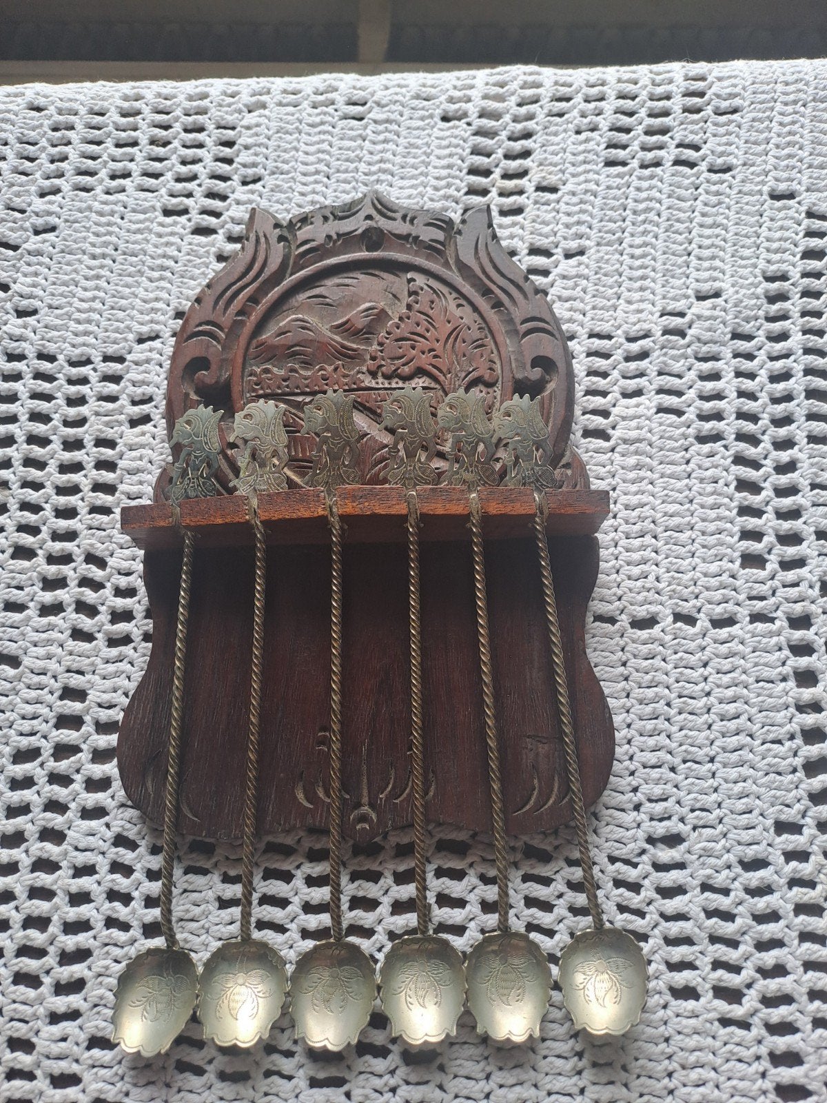 Vintage Indonesische theelepels met houten houder, Ophalen of Verzenden
