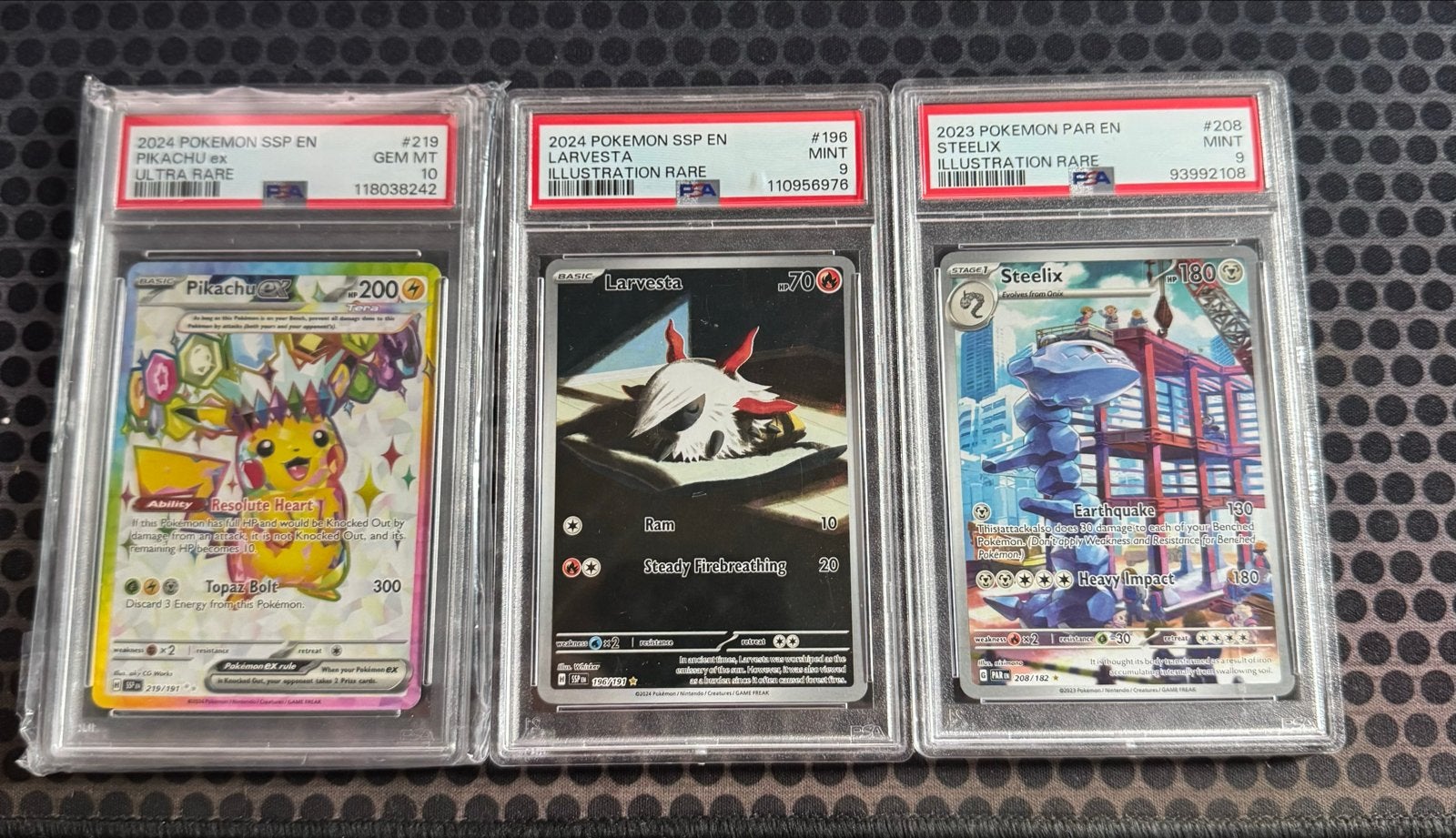PSA 10 Pikachu ex, PSA 9 Larvesta, PSA 9 Steelix Pokémon kaa, Ophalen, Zo goed als nieuw, Meerdere kaarten