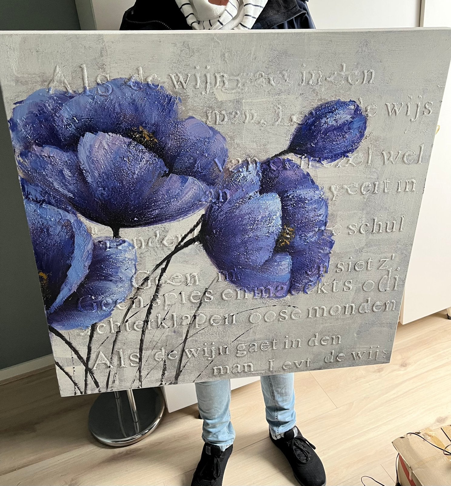 Schilderij met blauwe bloemen en tekst, Ophalen