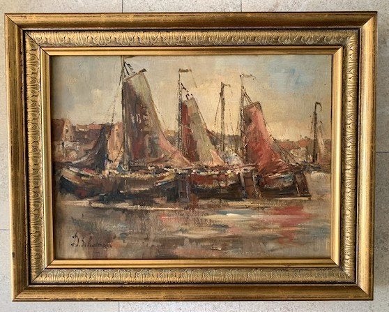 Botters in Zuiderzee haven - David Schulman (1881-1966), Antiek en Kunst, Kunst | Schilderijen | Klassiek, Ophalen of Verzenden
