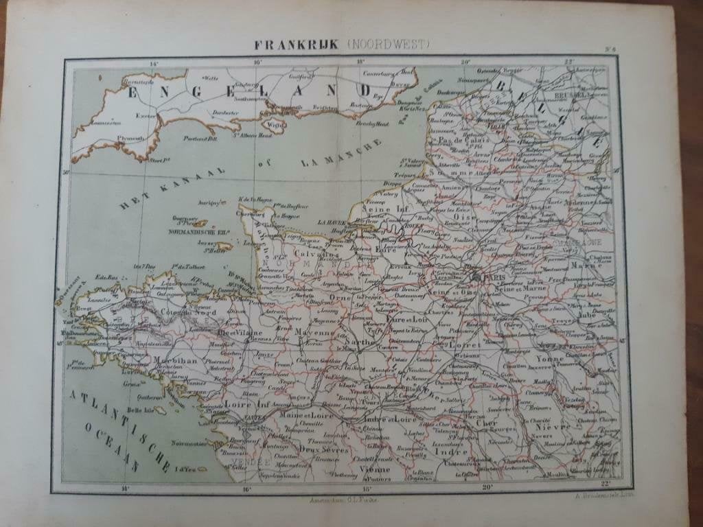 06 / Litho van J. Kuyper uit 1880 van Noord West Frankrijk, Ophalen of Verzenden