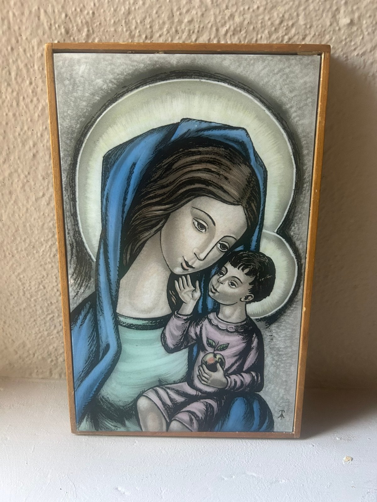 Vintage Maria/Madonna met kind opaline glas & hout icoon, Ophalen of Verzenden