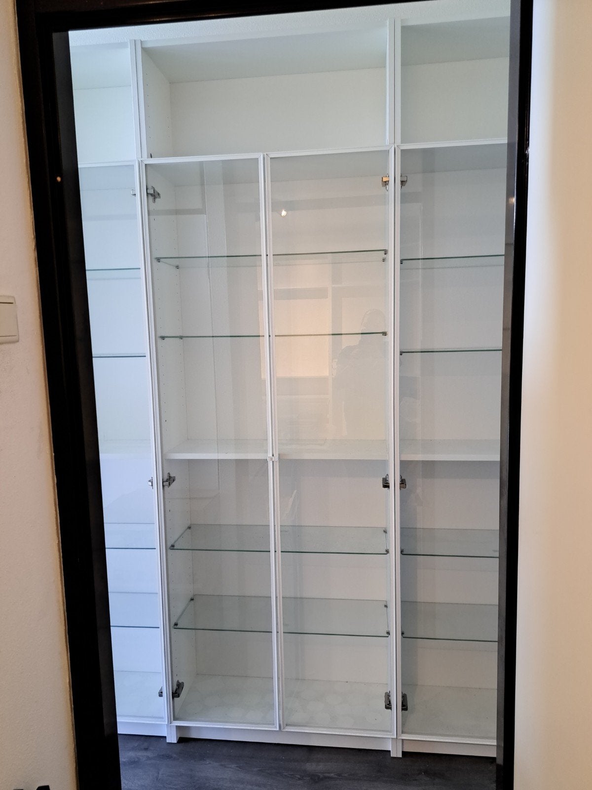 Witte Billy Ikea vitrinekast met glazen deuren en planken, Ophalen, 200 cm of meer, 150 tot 200 cm, Overige houtsoorten