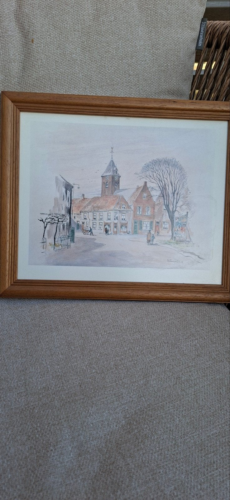 Stadsgezicht van Octave de Coninck - Ingelijste print, Antiek en Kunst, Ophalen of Verzenden, Print, Print/reproductie, Gesigneerd