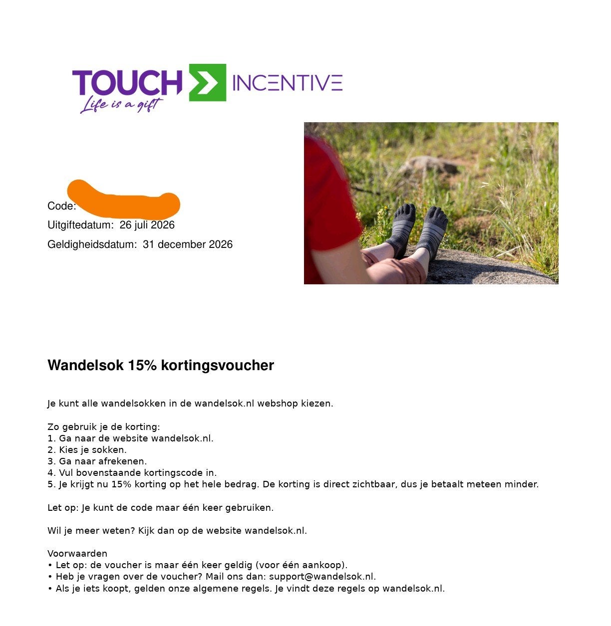 Wandelsok kortingsbon 15%, Kortingsbon, Warenhuis- of Winkelbon