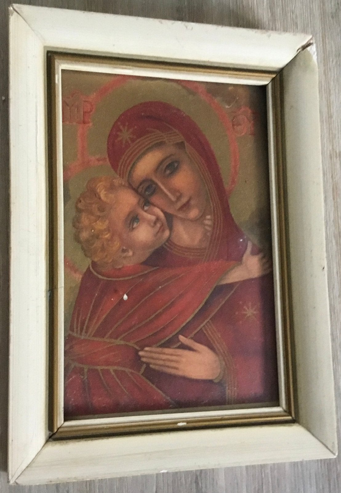 ANTIEK RELIGIEUZE PRINT: IKOON MET MARIA EN JESUS, Ophalen of Verzenden