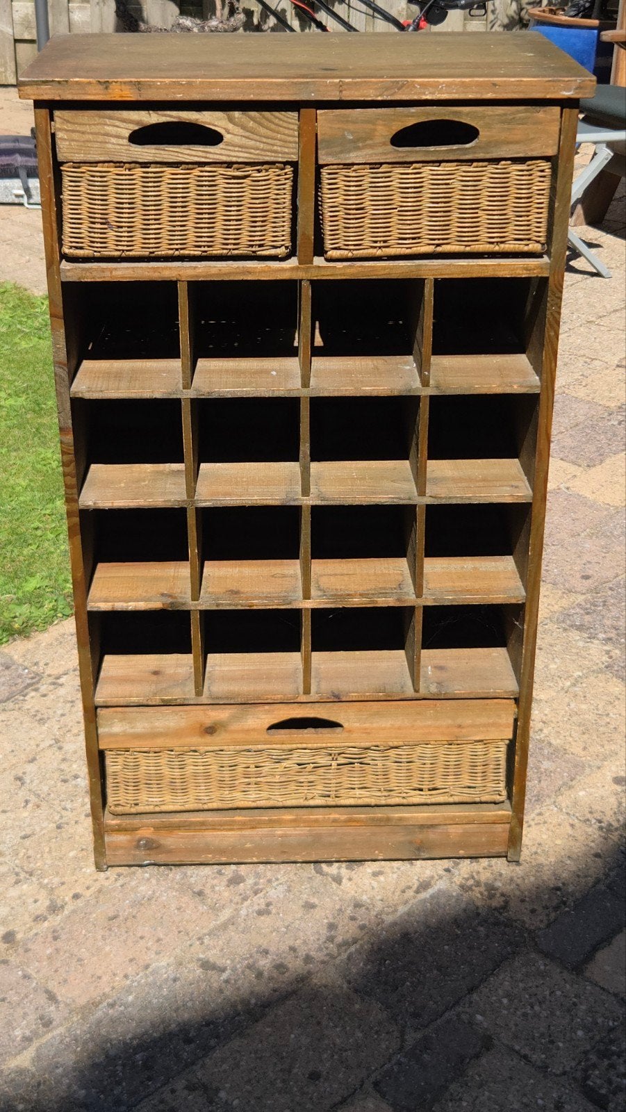 Houten kastje met rieten manden - Vintage opberger, Ophalen, Gebruikt