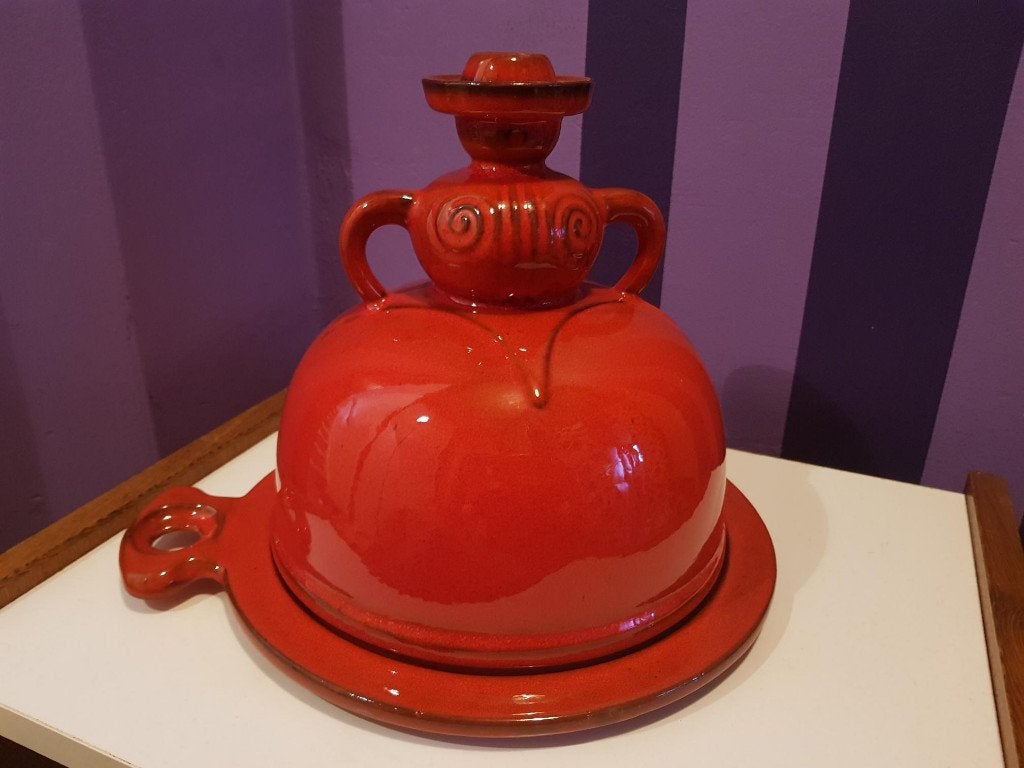 Vintage retro jaren 70 keramiek stolp plateau rood 70s, Steen/keramiek, Ophalen, Gebruikt, Met deksel