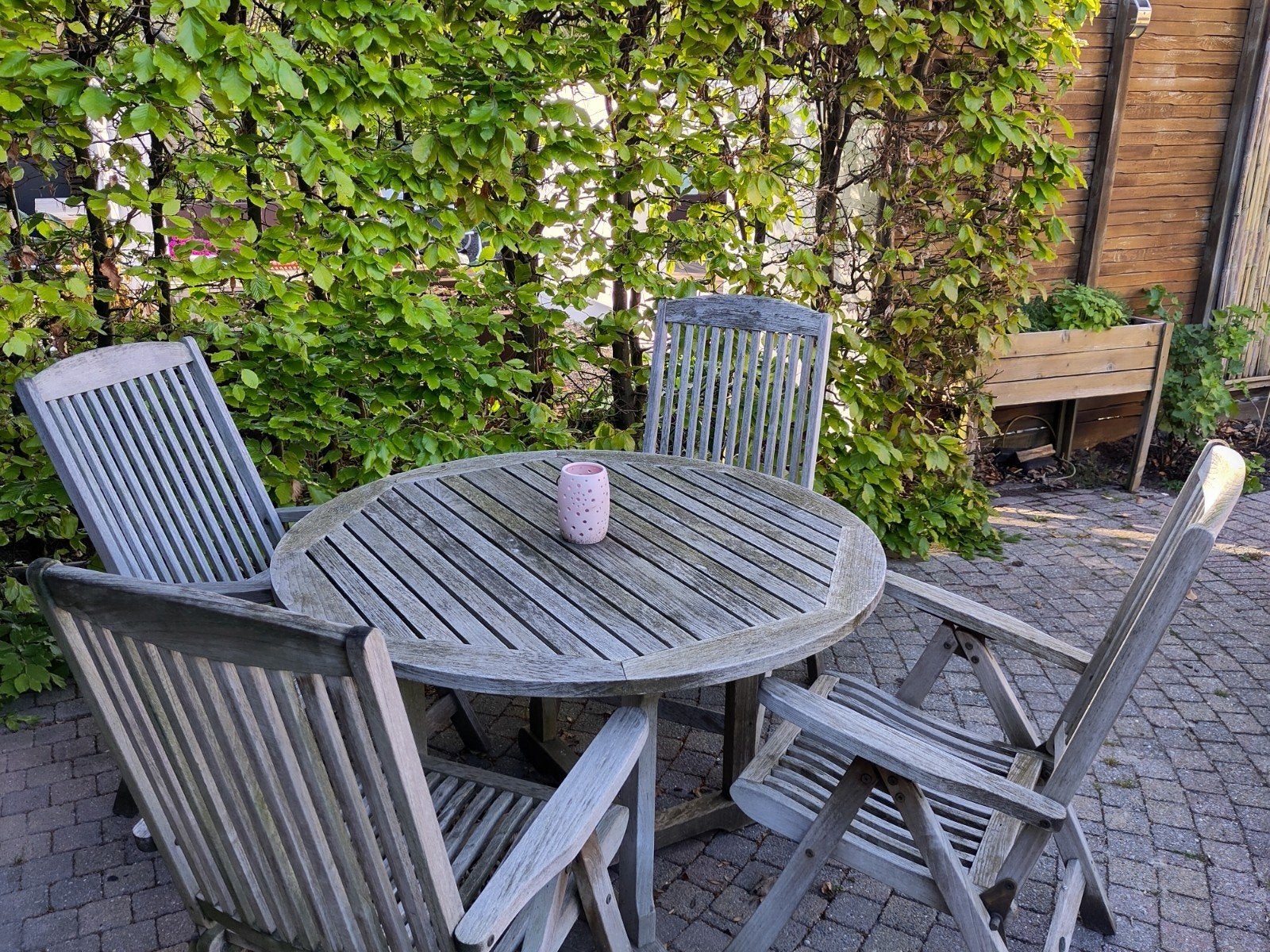 Teakhouten tuinset - tafel en 4 stoelen, Tuin en Terras, Ophalen, 4 zitplaatsen, Gebruikt, Teakhout