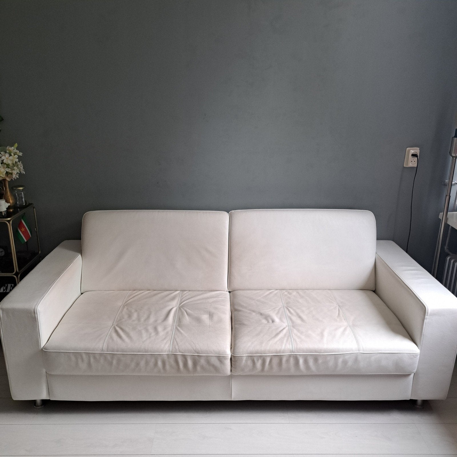 Witte leren bankstel set (3-zits + 2-zits), Ophalen, Gebruikt, Rechte bank, Modern