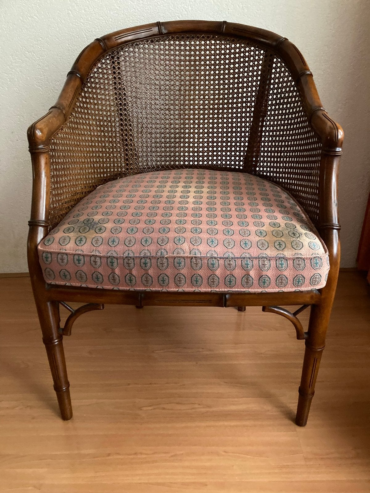 Vintage faux-bamboo kuipstoel (art deco stijl), Ophalen, Gebruikt, Bruin, Riet of Rotan