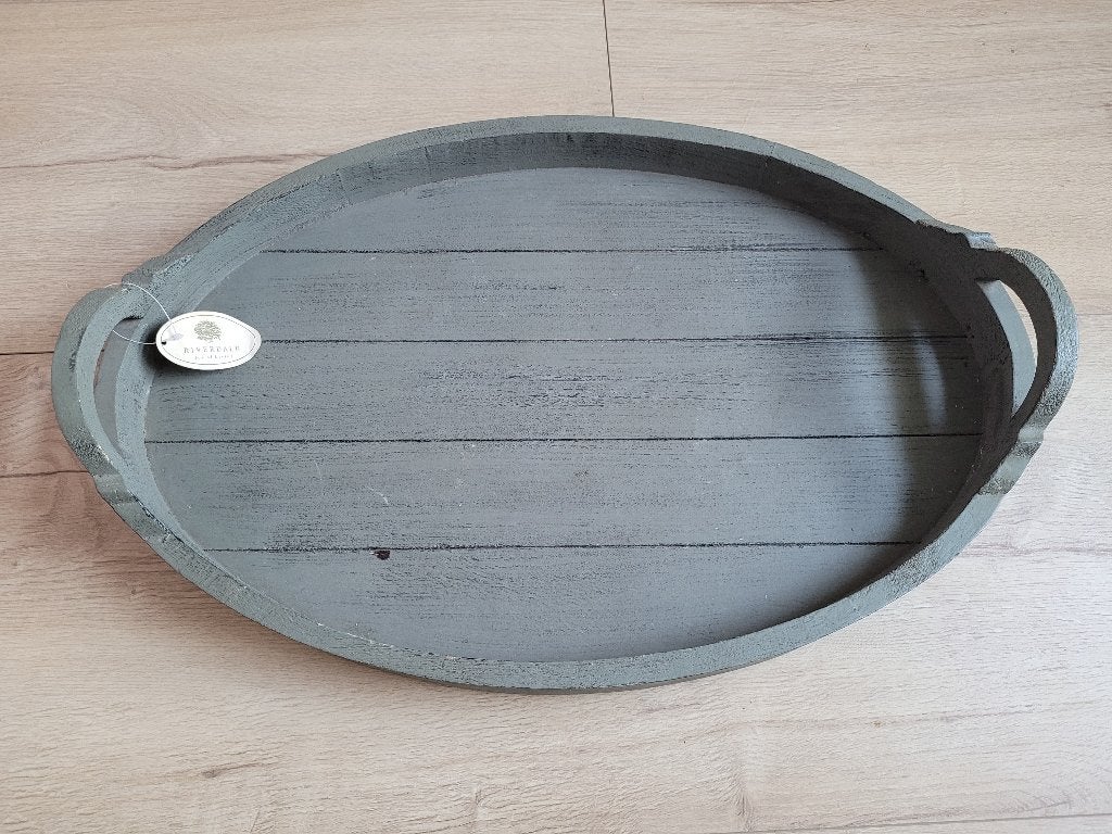 RIVERDALE groot grijs houten dienblad 60x40 cm ~ NH6008, Gebruikt, Ophalen of Verzenden, Met opstaande rand, Ovaal